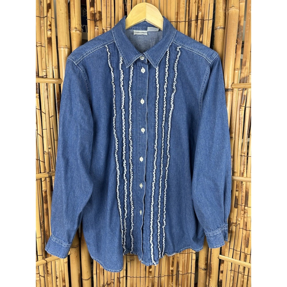 Cabin Creek Vintage Ruffle Denim Blue Long Sleeve‎ Grandma Cottage Core Large